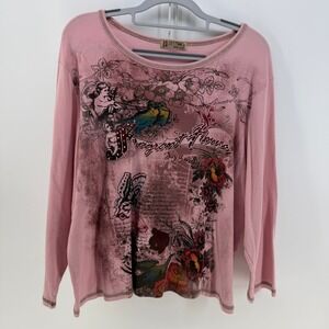 Blue Canyon Shirt Women 2X Pink Rhinestone Butterfly Cherub Y2K Fairy Grunge VTG
